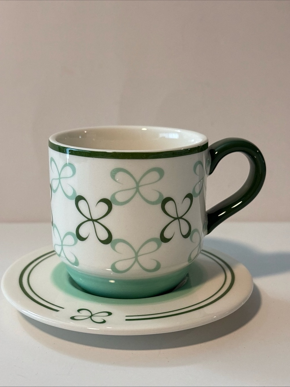 Anthropologie Maeve Stoneware Espresso Cup & Saucer Mint Motif NIB